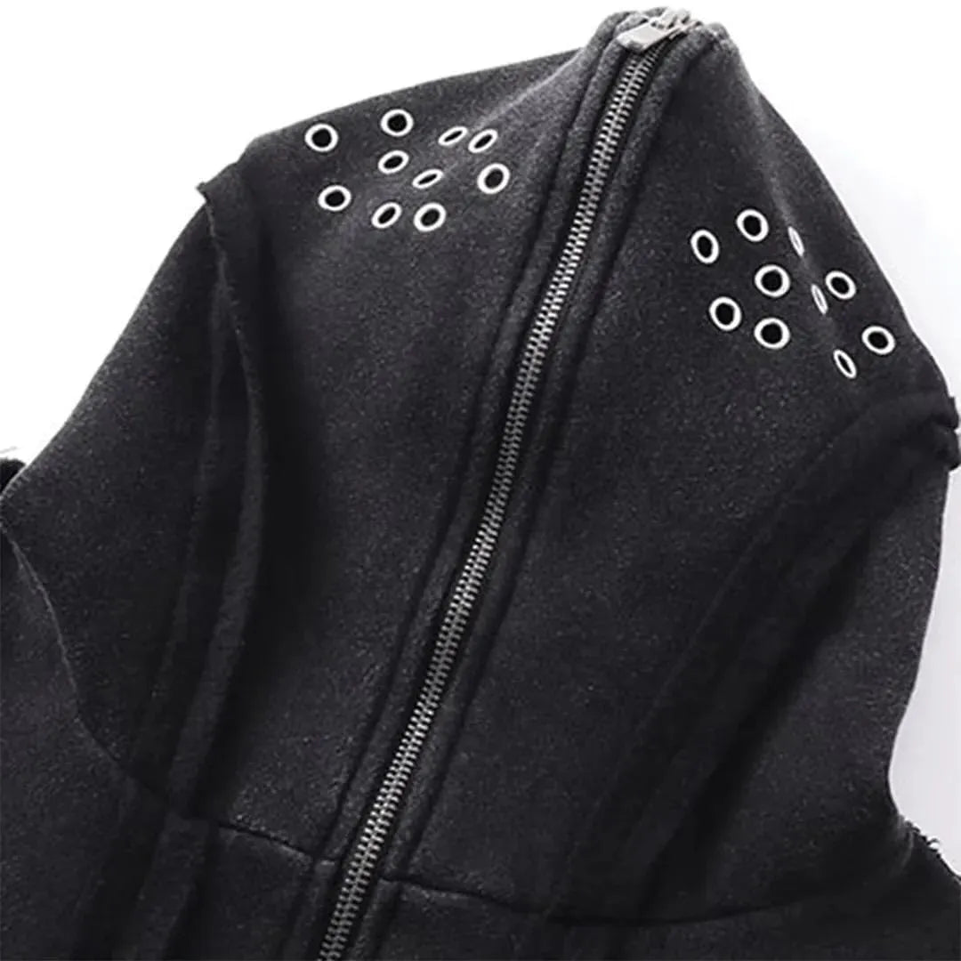 Black loose-fit zip-up hooded coat with an abstract pattern and padding worn as an autumn layer.