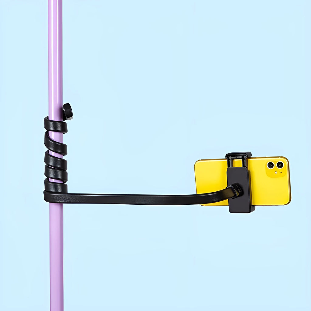 Flexible adjustable silicone and aluminium hose phone holder bent into an S-shape.