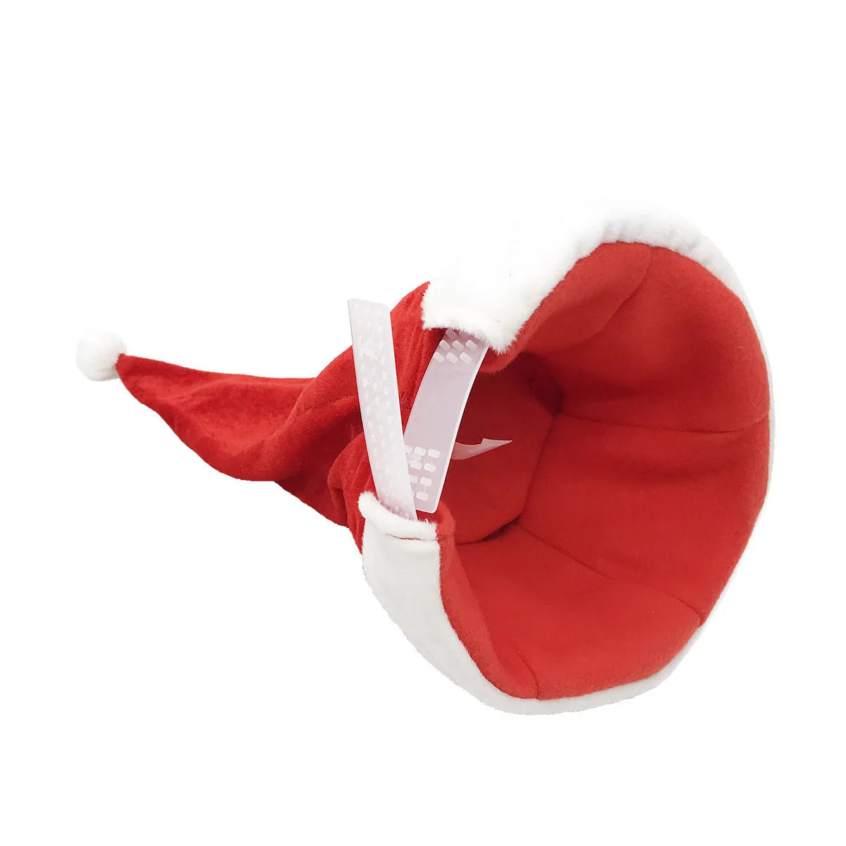 Red plush Christmas hat with battery-powered music and swing feature, available in long or short fluff