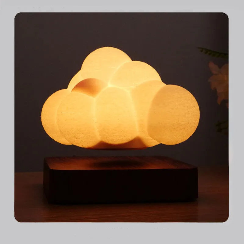 Magnetic levitation cloud lamp floating above base with warm white light, ABS flower-shaped lampshade