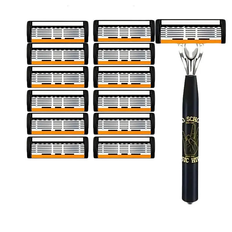 Black six-layer manual shaver handle with multiple blade configurations for barber tools