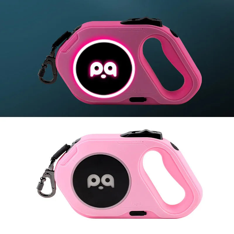 New LED light retractable dog leash with USB rechargeable light in black and white on outdoor background