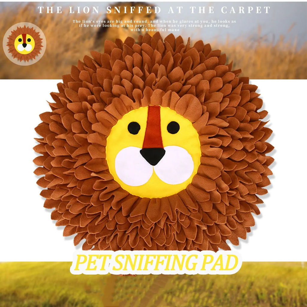 Brown lion-shaped plush sniffing pad blanket for dogs and cats with treat-hiding pockets.