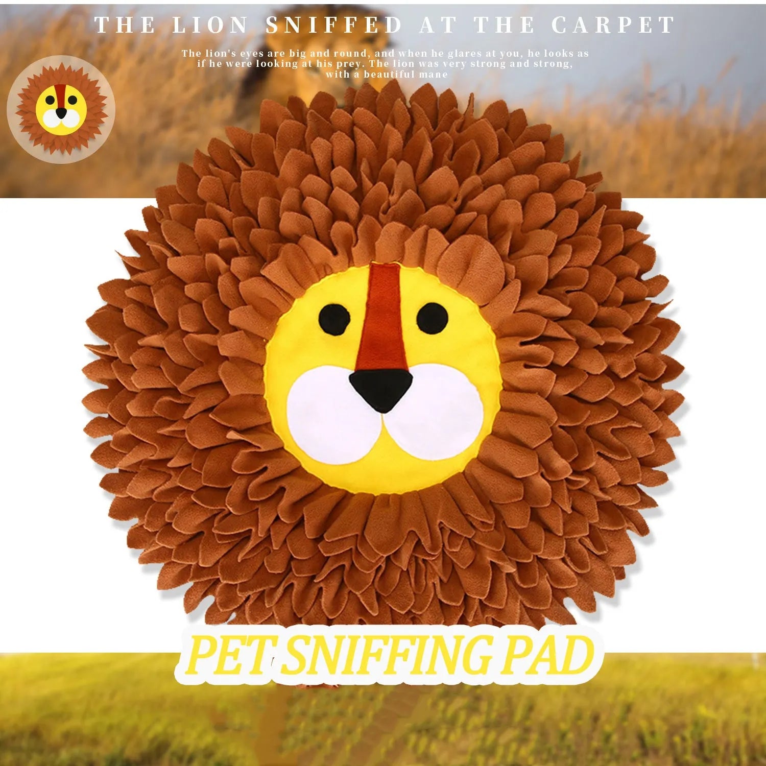 Brown lion-shaped plush sniffing pad blanket for dogs and cats with treat-hiding pockets.