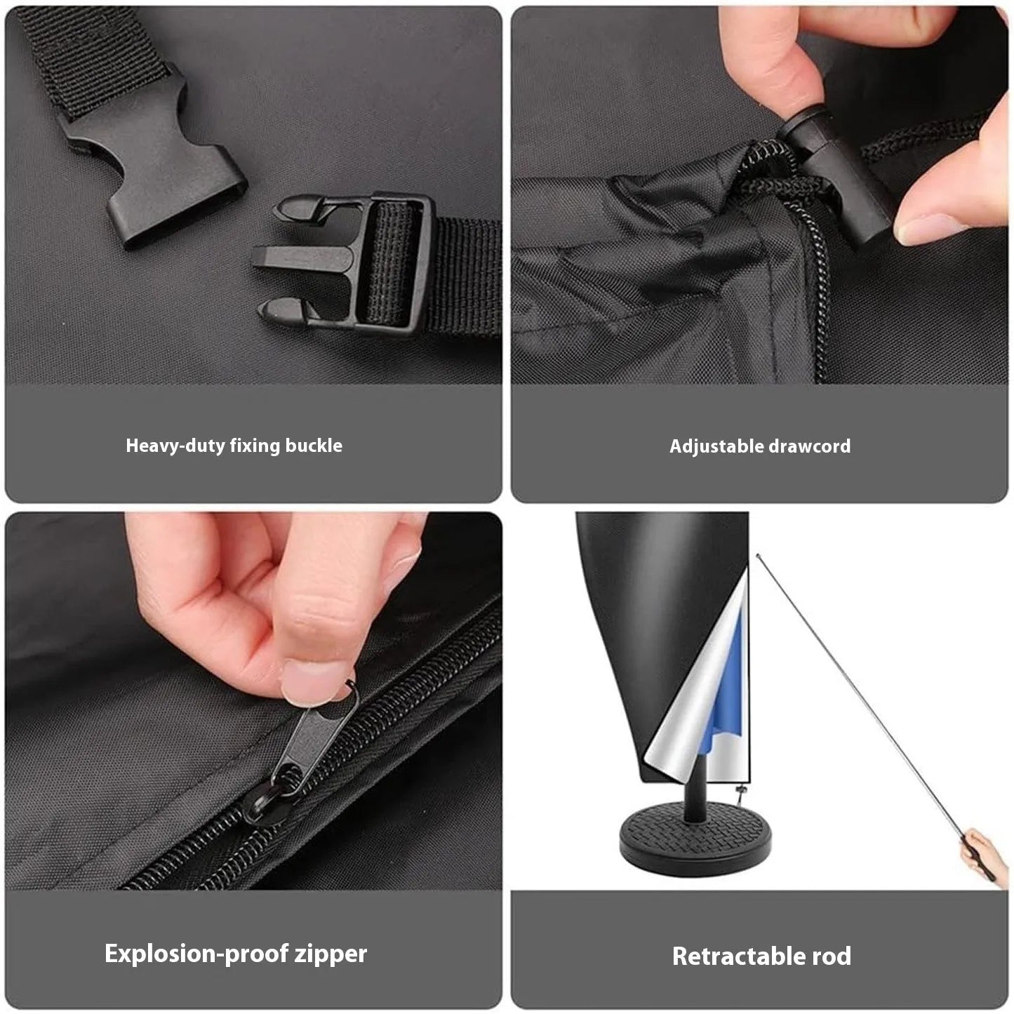 Grey Oxford cloth offset banana-shaped patio umbrella cover shown on a garden umbrella.