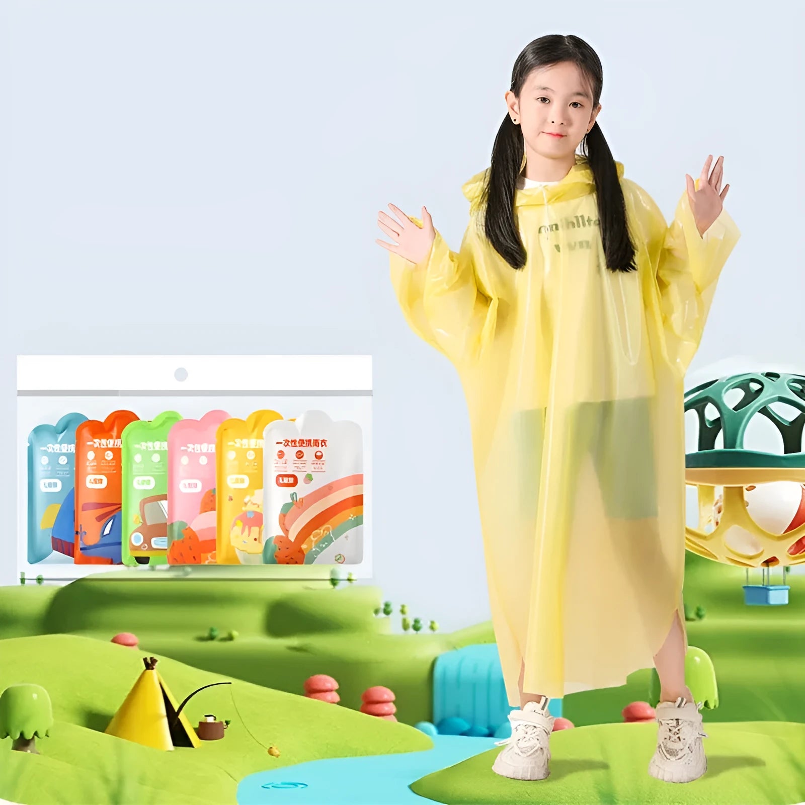 Disposable children's card raincoat long poncho in blue bagged 13x9cm