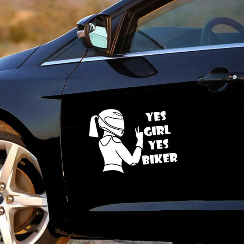 Cool girl rider character car sticker in 16cm × 15cm size with waterproof PET material