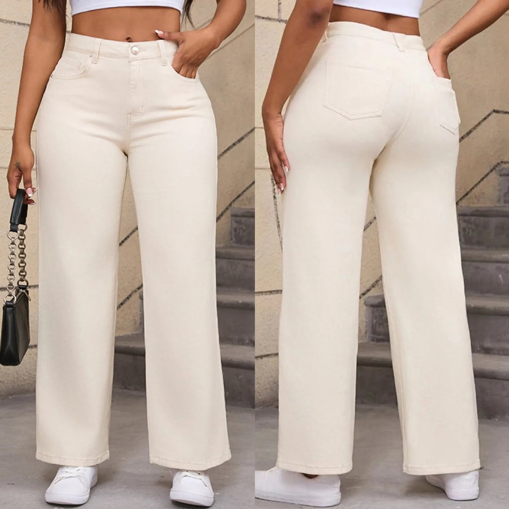 Women's high-waisted wide-leg straight jeans in apricot colour on a model.