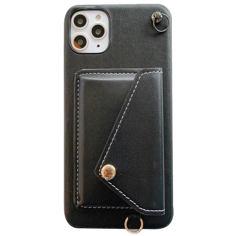 Embossed imitation leather phone case with raised card holder and detachable crossbody rope for iPhone