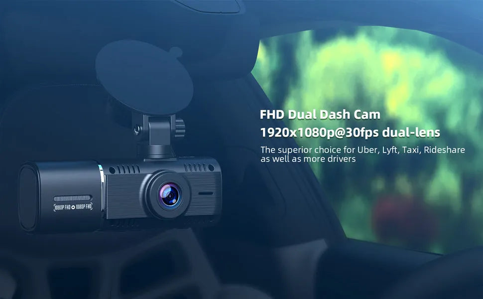 Black dual-lens dashboard camera with 1.5-inch screen mounted on car windscreen suction stand.