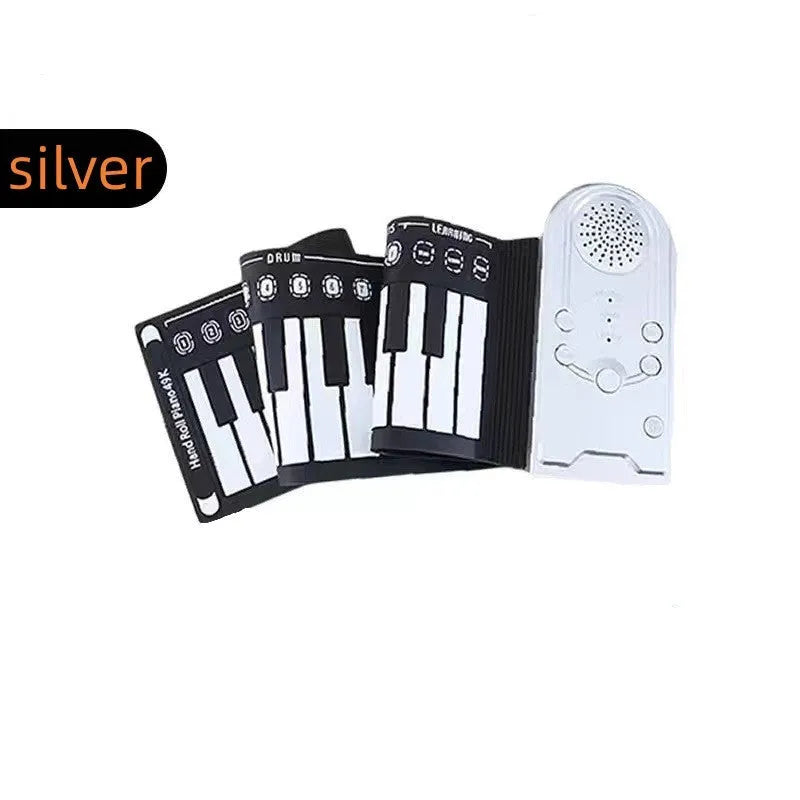 Pearlescent white folding electronic keyboard with 49 silicone keys, shown rolled and unrolled.
