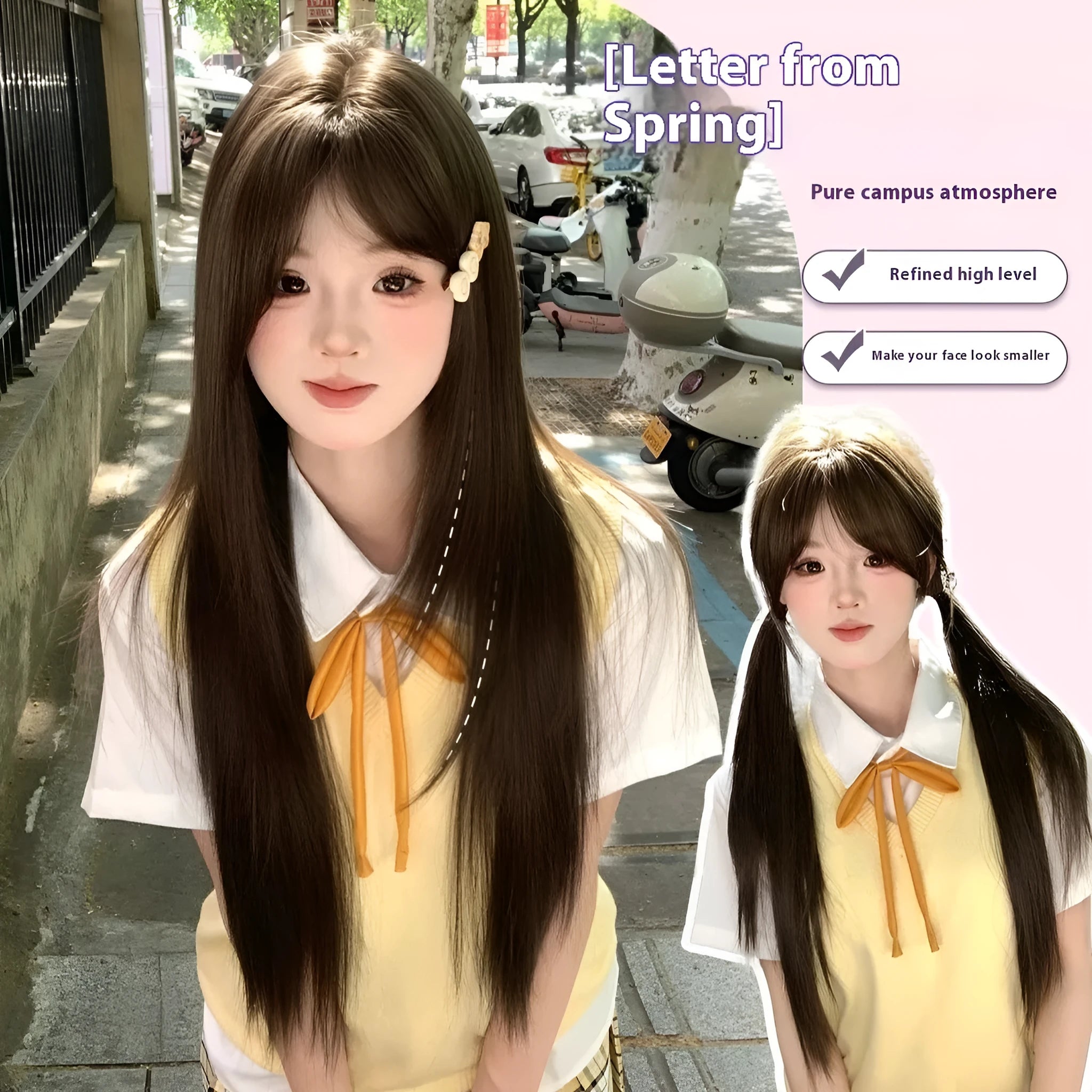 Full-head long straight synthetic wig in high temperature fibre with side bangs styling options