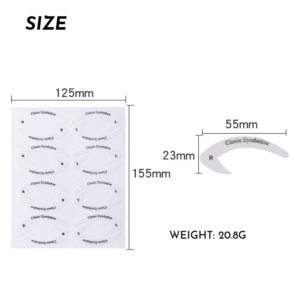 Set of four flexible, reusable eyeliner and eyeshadow stencil templates on a pink background.