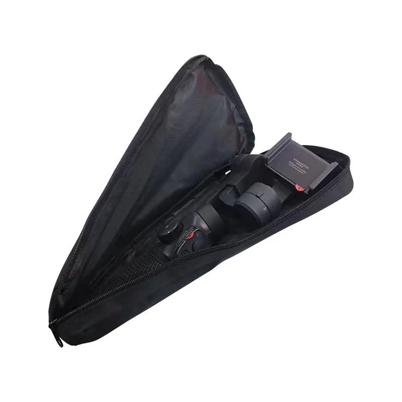 Black cloth padded storage bag for a mobile phone gimbal, shown with an open zip revealing a soft interior and mesh pocket.