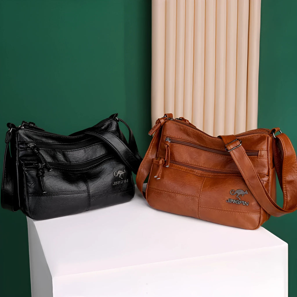 Crossbody shoulder bag in soft textured PU, black, 25x17x9cm, with sandwich pocket