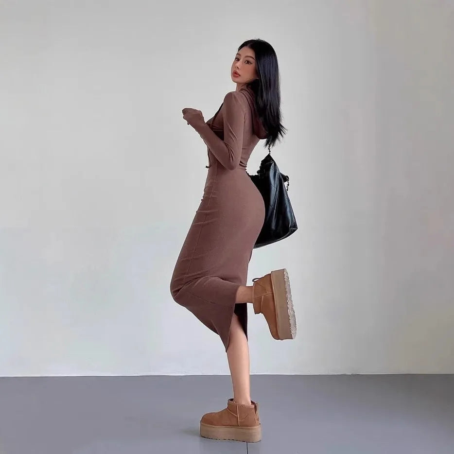 Women's grey hooded sheath dress with long sleeves and knee-length high-waist design