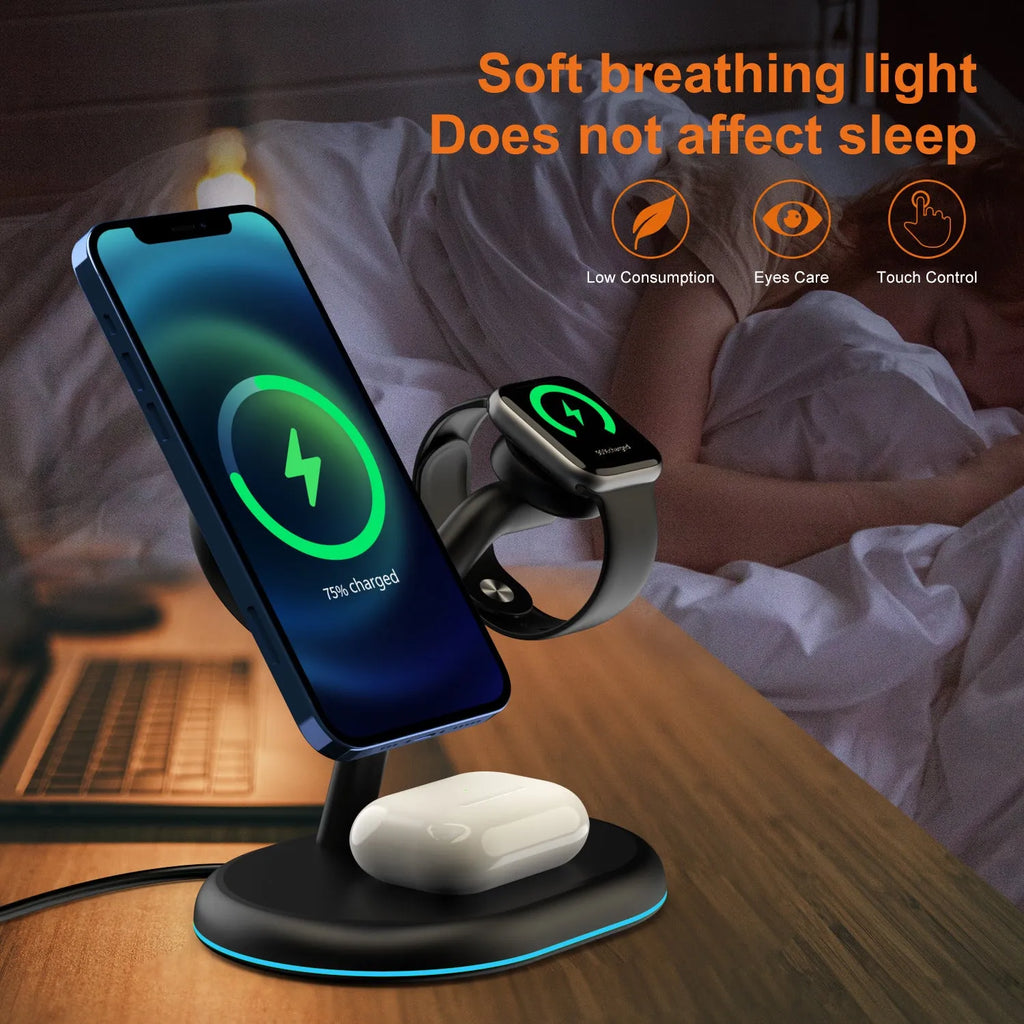 Black three-in-one magnetic wireless charging station for iPhone, AirPods, and Apple Watch on a desk