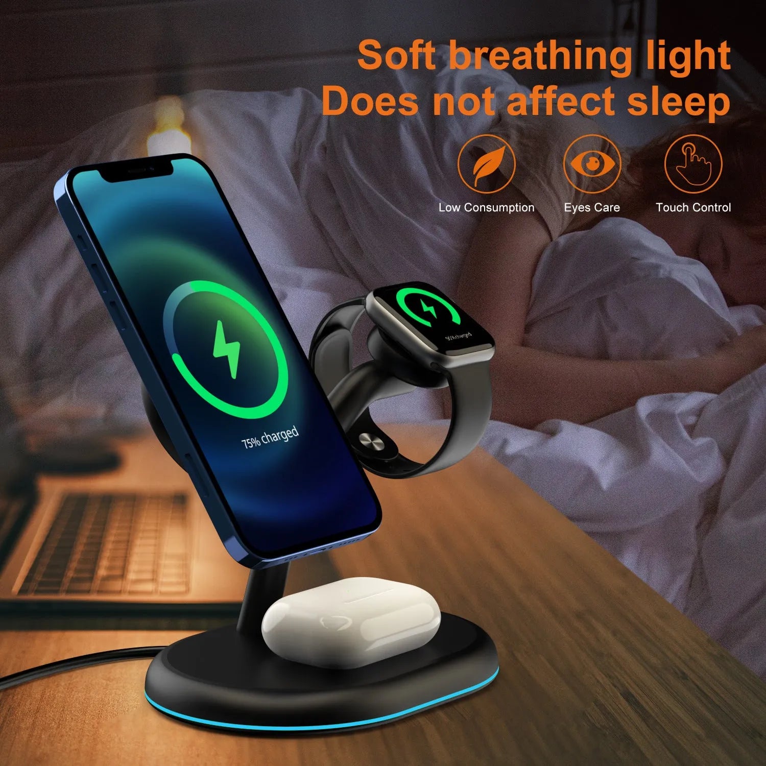 Black three-in-one magnetic wireless charging station for iPhone, AirPods, and Apple Watch on a desk