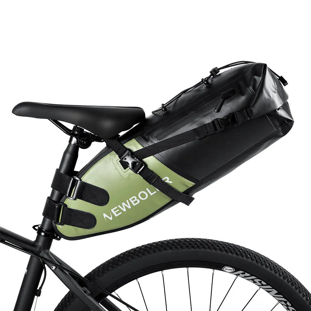 Waterproof yellow bicycle tail bag mounted on bike rear rack with 13L capacity for outdoor cycling tools.