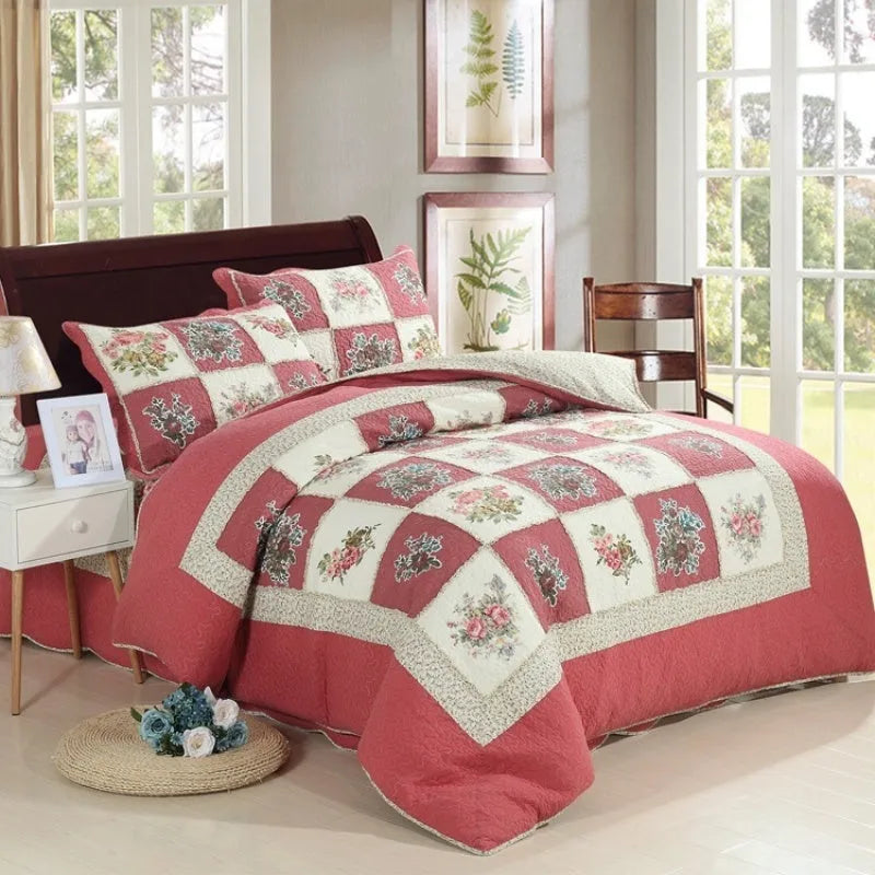 Washed pure cotton quilted bedspread set in Korean style, showing bed cover and two pillowcases.
