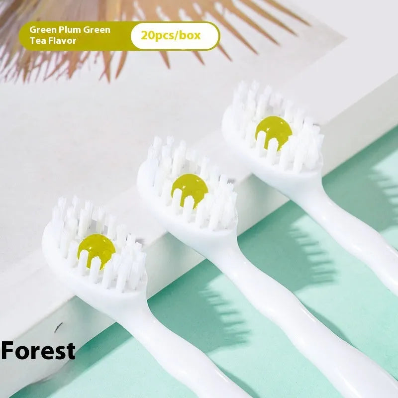 Box of 20 disposable bead toothbrushes in compact packaging for travel hygiene.