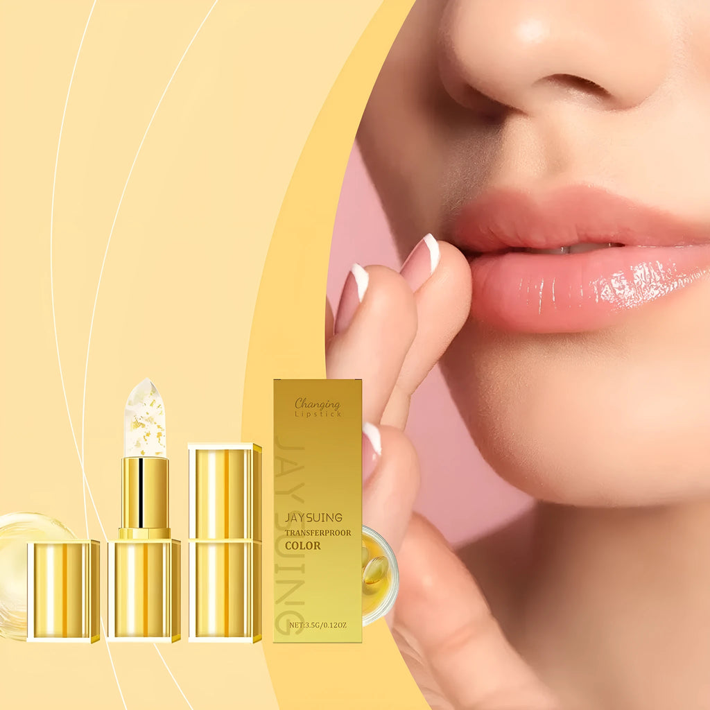 Gold foil discolorating nourishing lipstick in a sleek case, 3.5g net content.