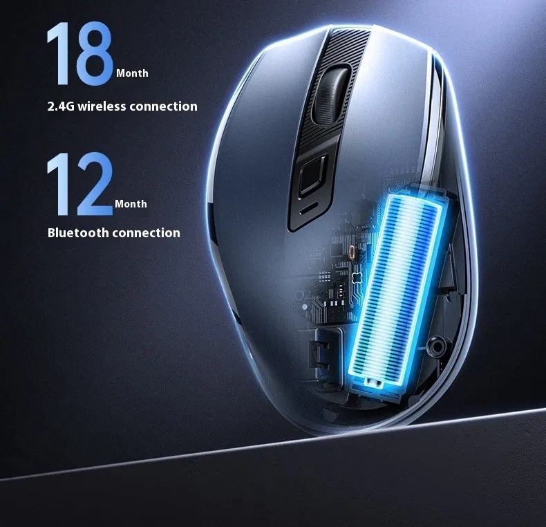 Black dual-mode wireless mouse with light tone button, five DPI settings and side silicone finger rest