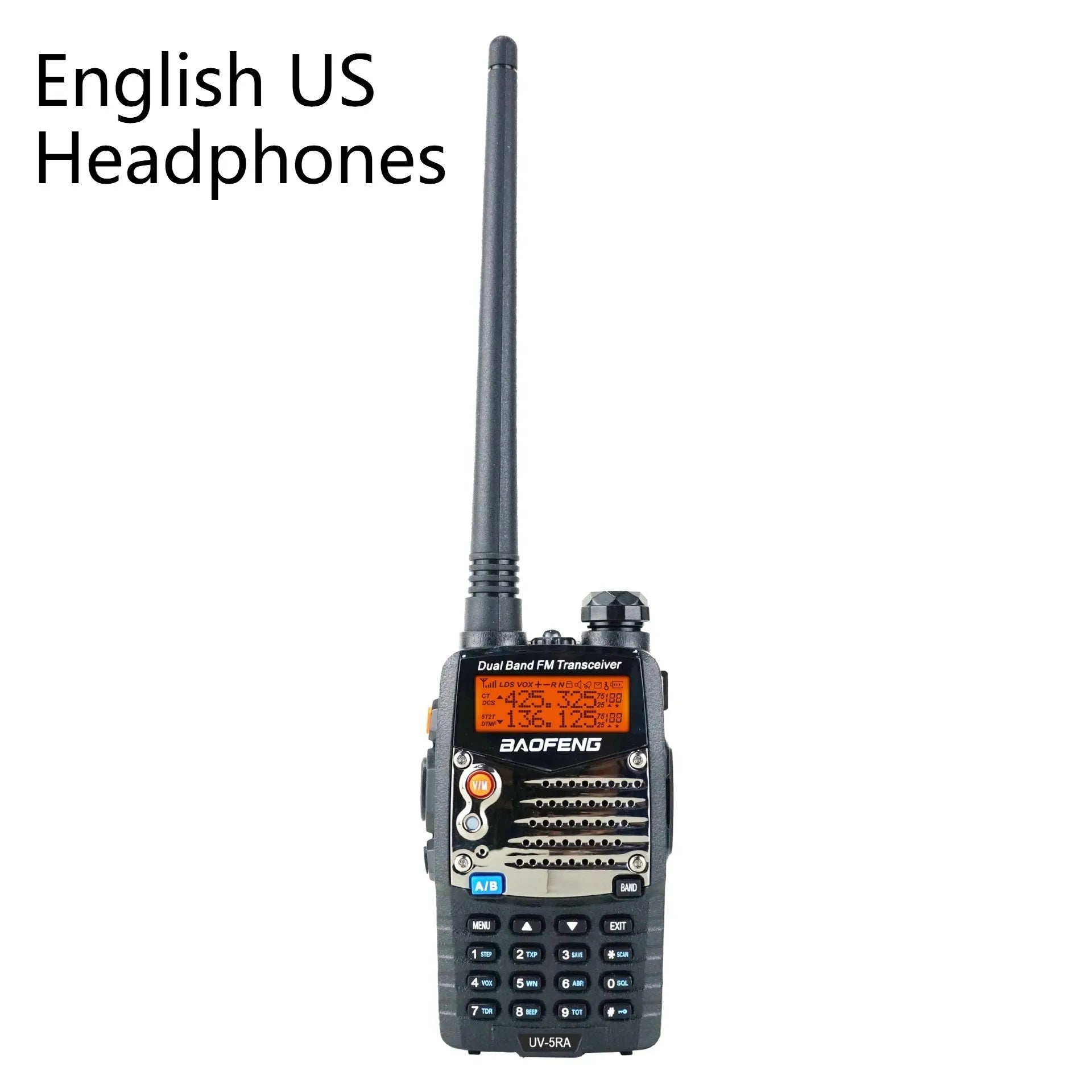 Baofeng UV-5RA dual-band walkie talkie with dual display screen showing two channel frequencies