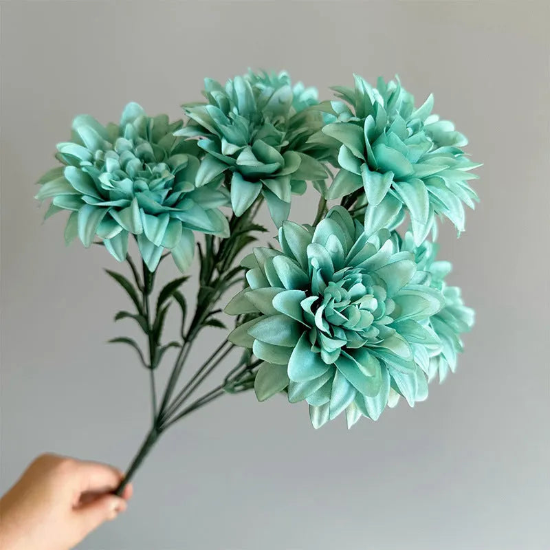 Dahlia desktop display fan holding fake flowers, silk flower bunch in multiple colours for home or office decoration