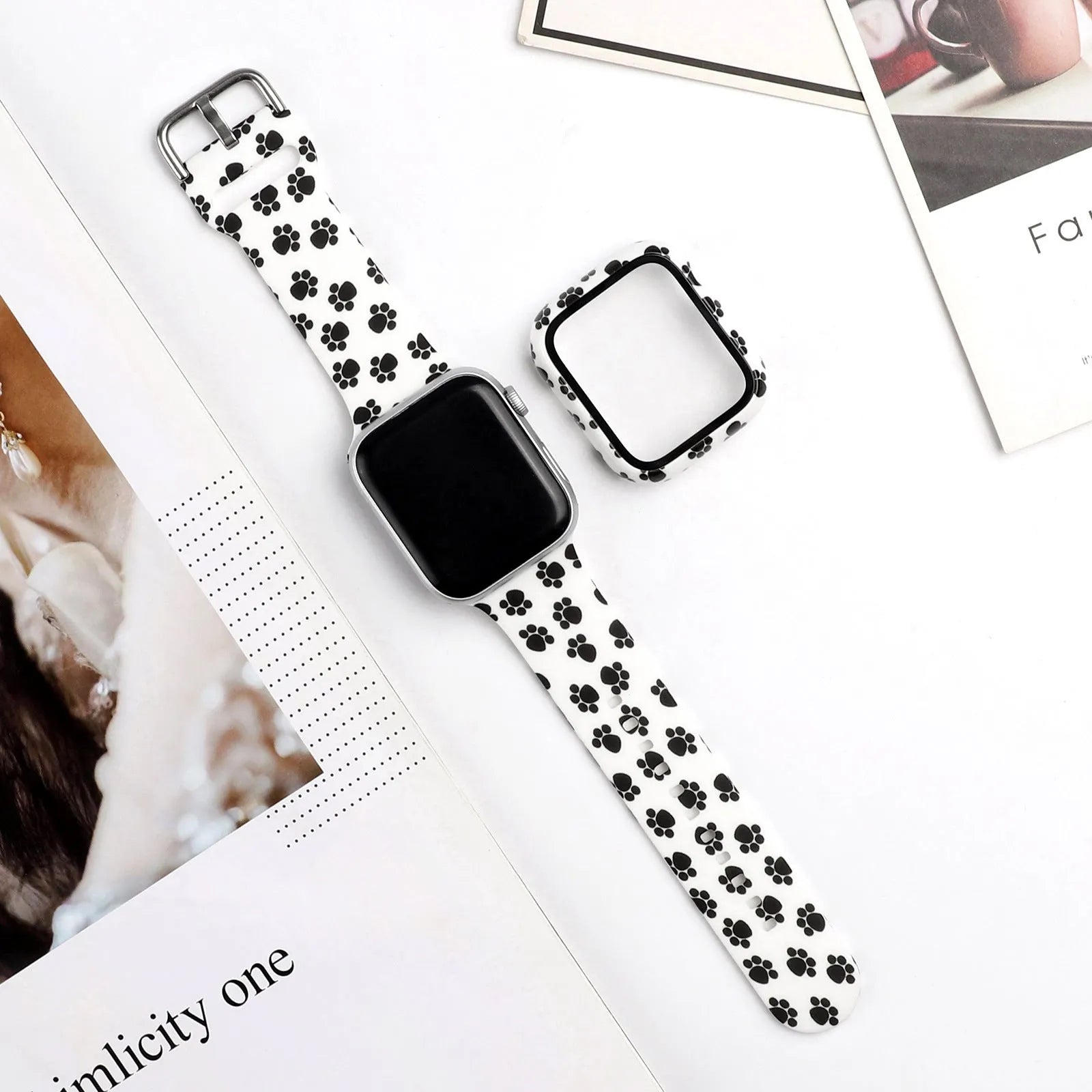 Printed silicone replacement watch strap for Apple iWatch showing multiple design options and size fit.