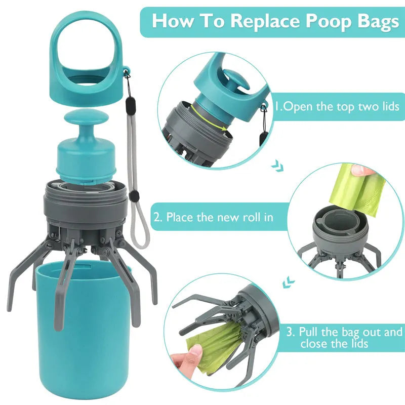 Blue portable dog pooper scooper with eight-claw shovel, built-in poop bag dispenser and lanyard