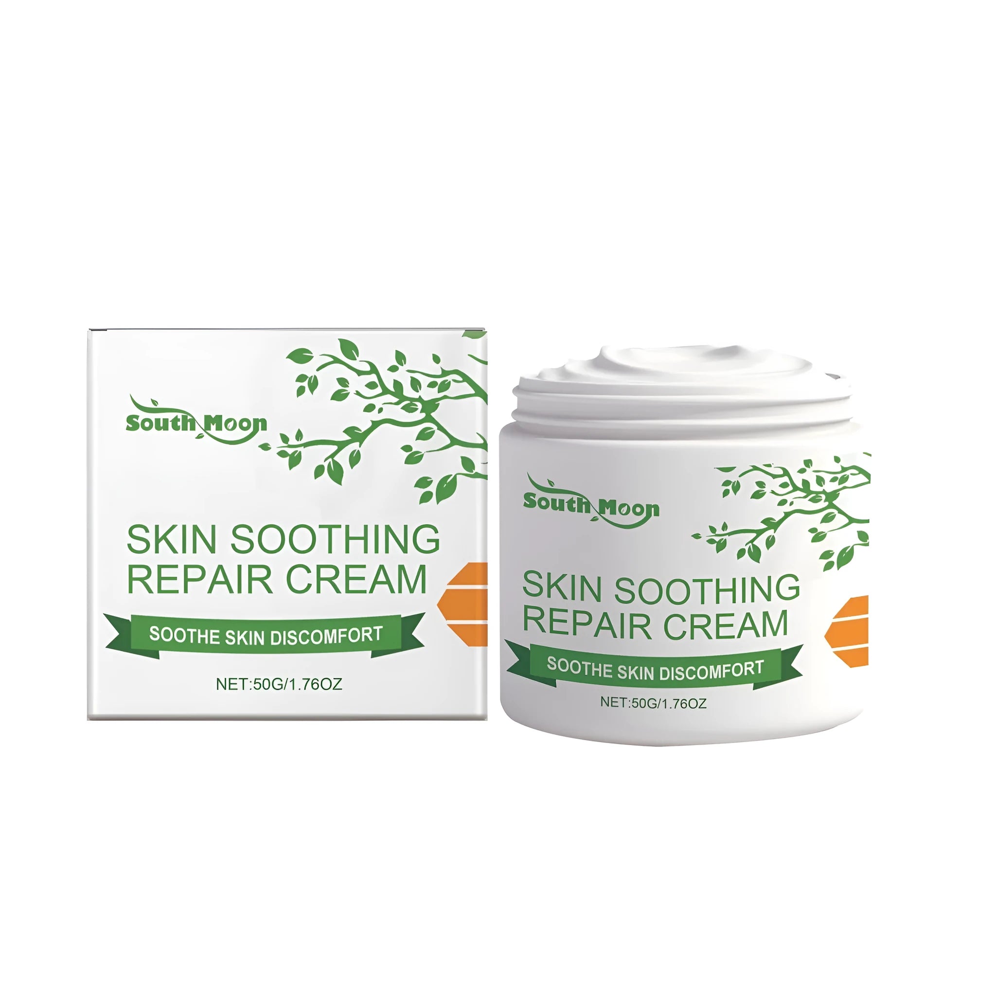 50g jar of Skin Soothing Repair Cream with mint, honey, and aloe leaves.