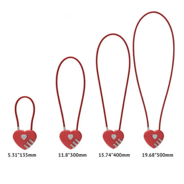 Heart shaped ABS plastic bike lock with steel cable in assorted colours and lengths for securing helmets.