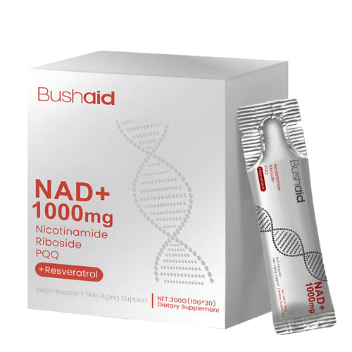 Jar of anti-aging drink powder with nicotinamide ribose, resveratrol, and PQQ for cellular support.
