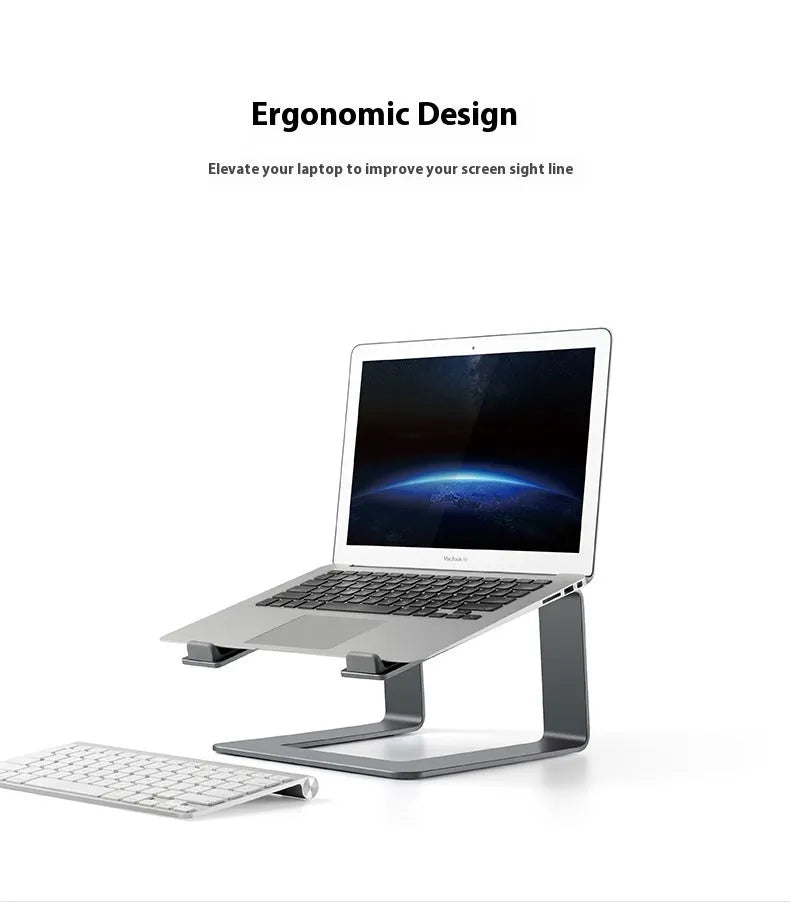 Black aluminium alloy laptop stand on desk showing dimensions and open-frame design