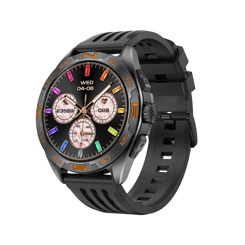 Smart watch with touchscreen display showing health metrics and WhatsApp interface