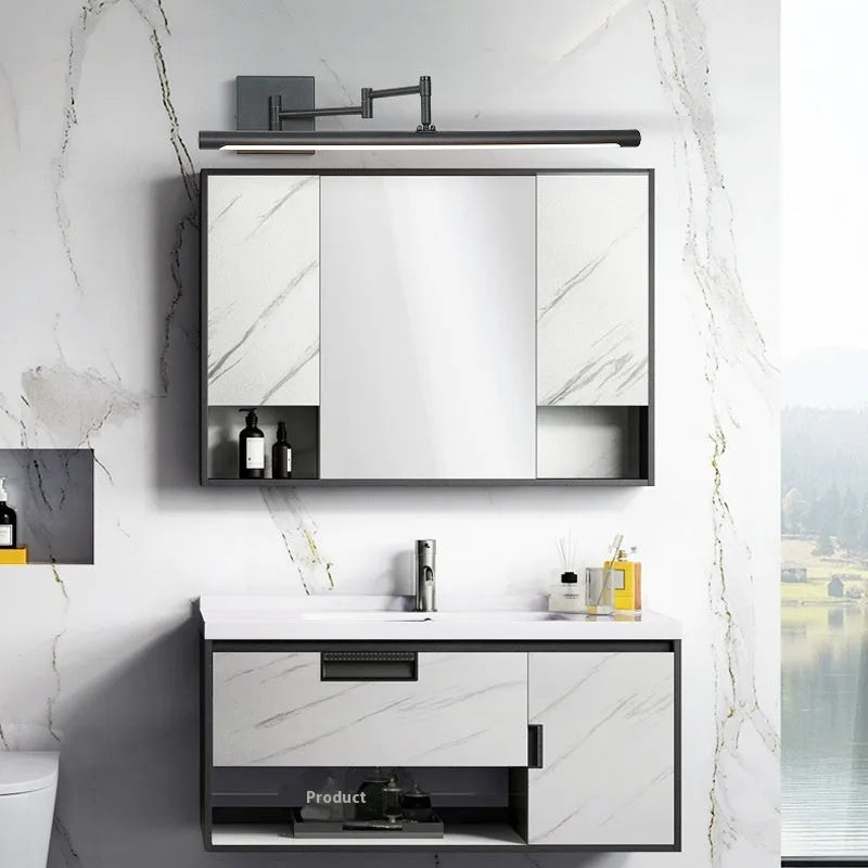 Modern sand black LED bathroom mirror cabinet with integrated lighting on a white wall.