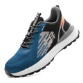 Blue men's low-top safety work shoes with mesh upper, lace closure, and protective toe cap.