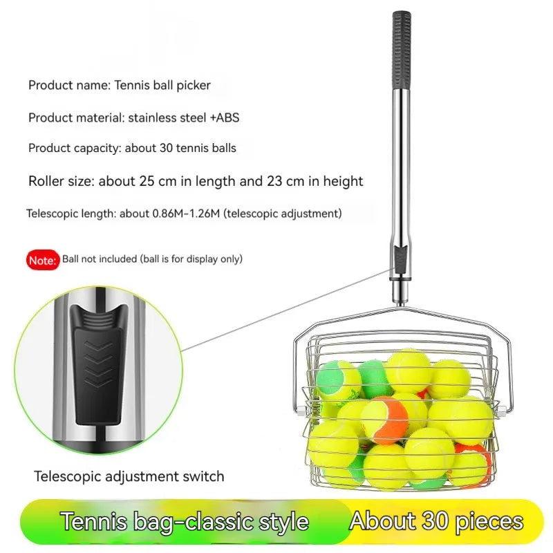 Stainless steel roller tennis ball picker with handle on a court