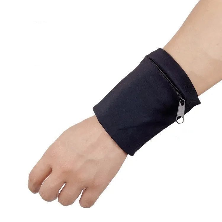 Black wrist bag armband sleeve with strap, showing 10cm by 10.5cm front pocket for a mobile phone.