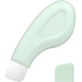 Green stainless steel face spatula pore scraper tool with a non-slip handle.