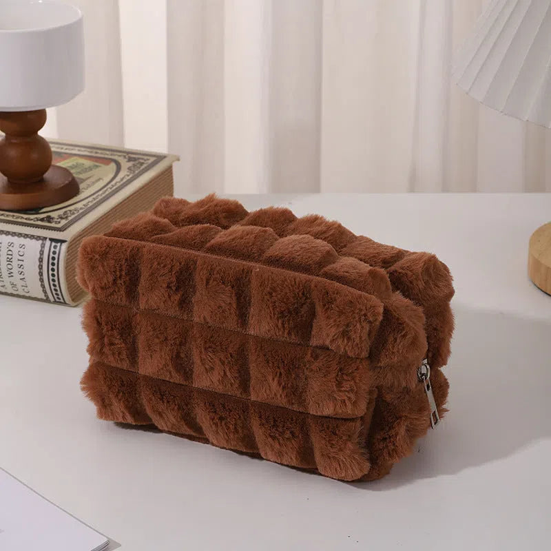 DIY plush Maillard-style student pencil case in beige colour with soft exterior