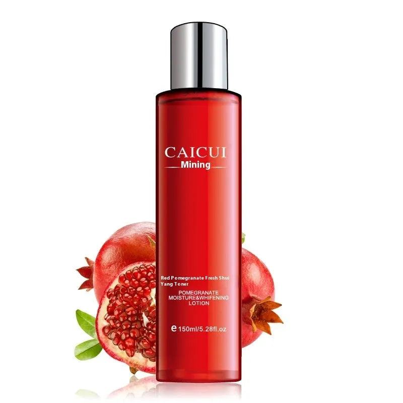 Red pomegranate skincare set with four bottles: face wash, toner, lotion, and facial cream.