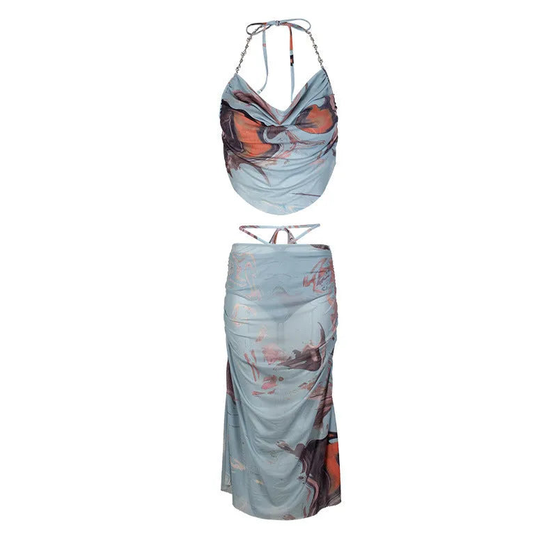 Blue three-piece bikini set with diamond chain split design detail on mannequin