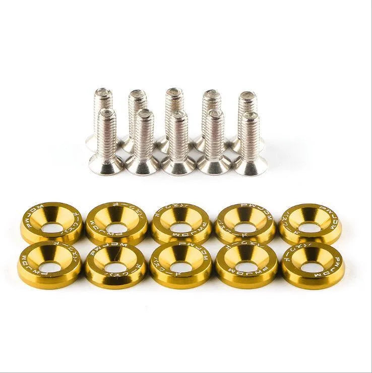 Car modification gasket screw set showing 10 pieces in eight different colours including black, red, blue and silver