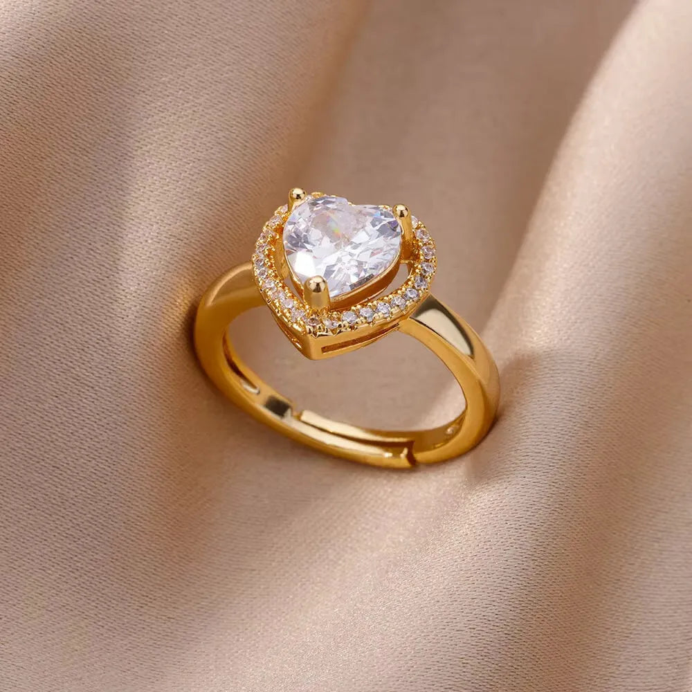 18K gold plated copper open mouth ring with synthetic zircon love emerald motif on white background