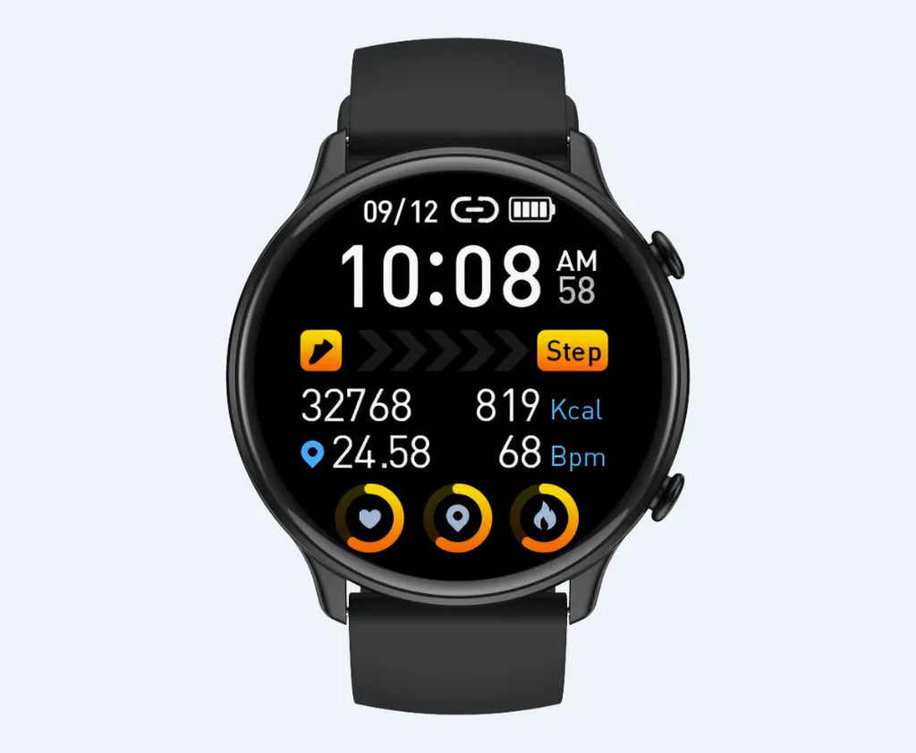 Round touch screen smart sports watch with heart rate monitor on silicone wrist strap