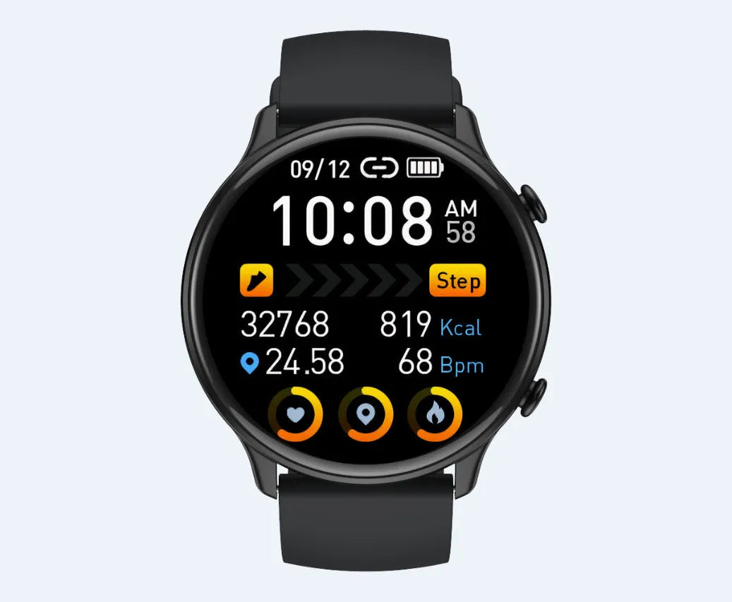 Round touch screen smart sports watch with heart rate monitor on silicone wrist strap