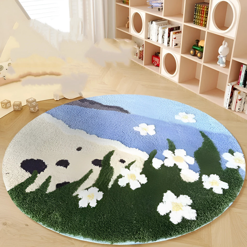 HAILANG round children's room carpet with cartoon blue snow mountain pattern, polyester, spray coast colour option