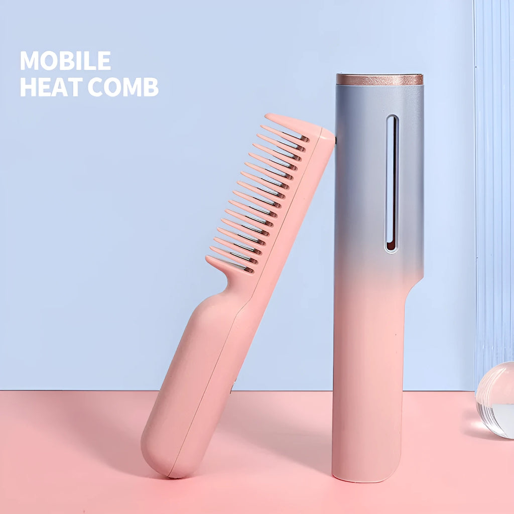 Wireless charging USB negative ion hair straightening comb with tourmaline ceramic heat conductor, 3D gradient green colour